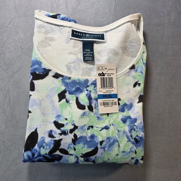 Karen Scott Petites Floral Scoop Neck 3/4 Sleeve Top Persian Blue PXL New - Picture 6 of 6